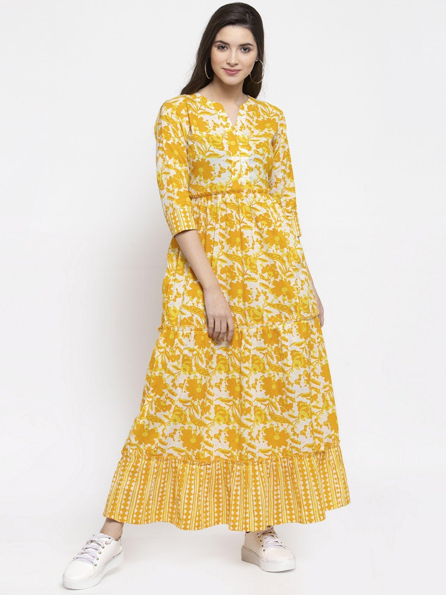 cotton yellow print three tiered a-line dress