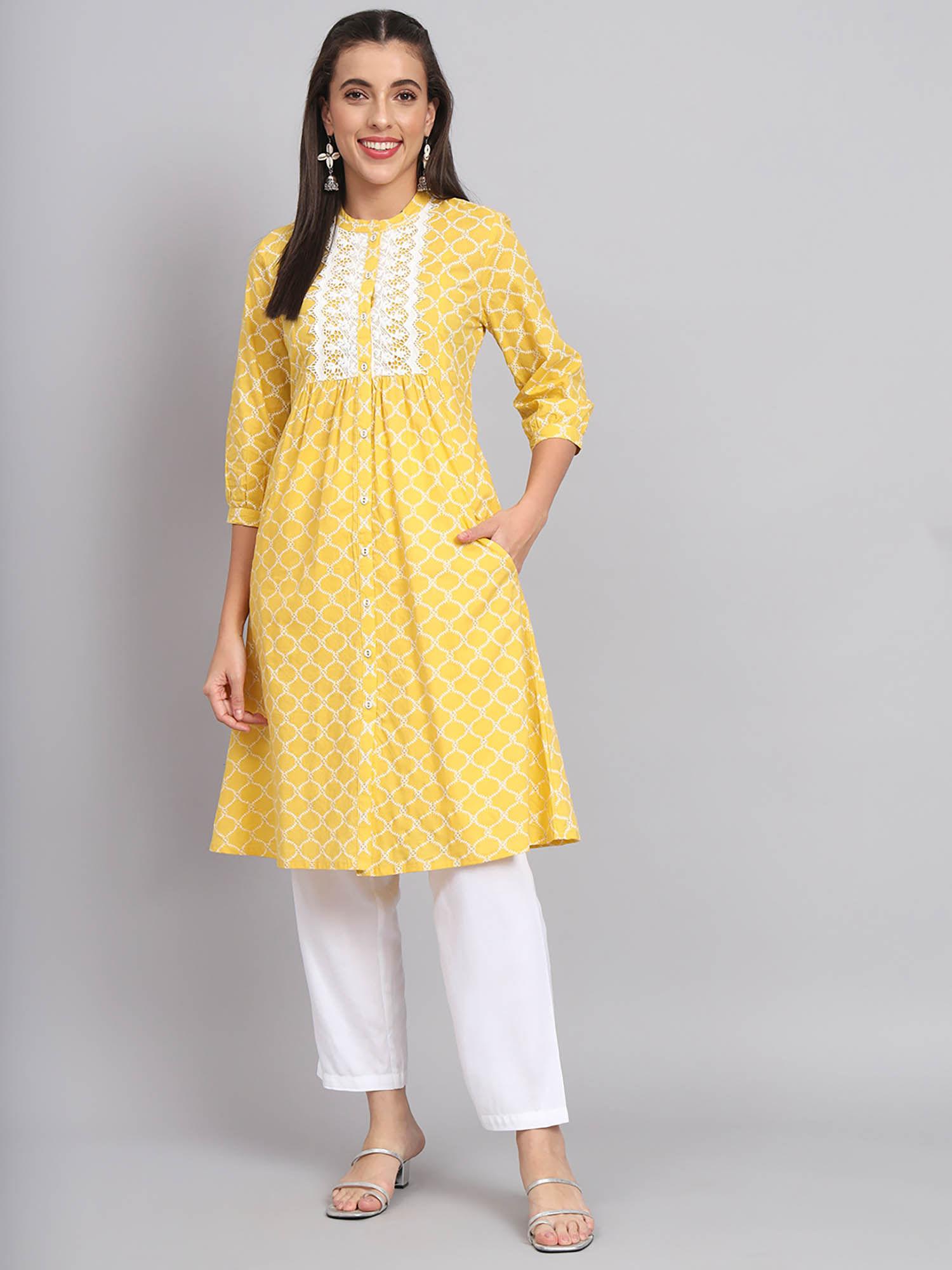 cotton yellow printed front open kurta embellished with crochet lace over yoke