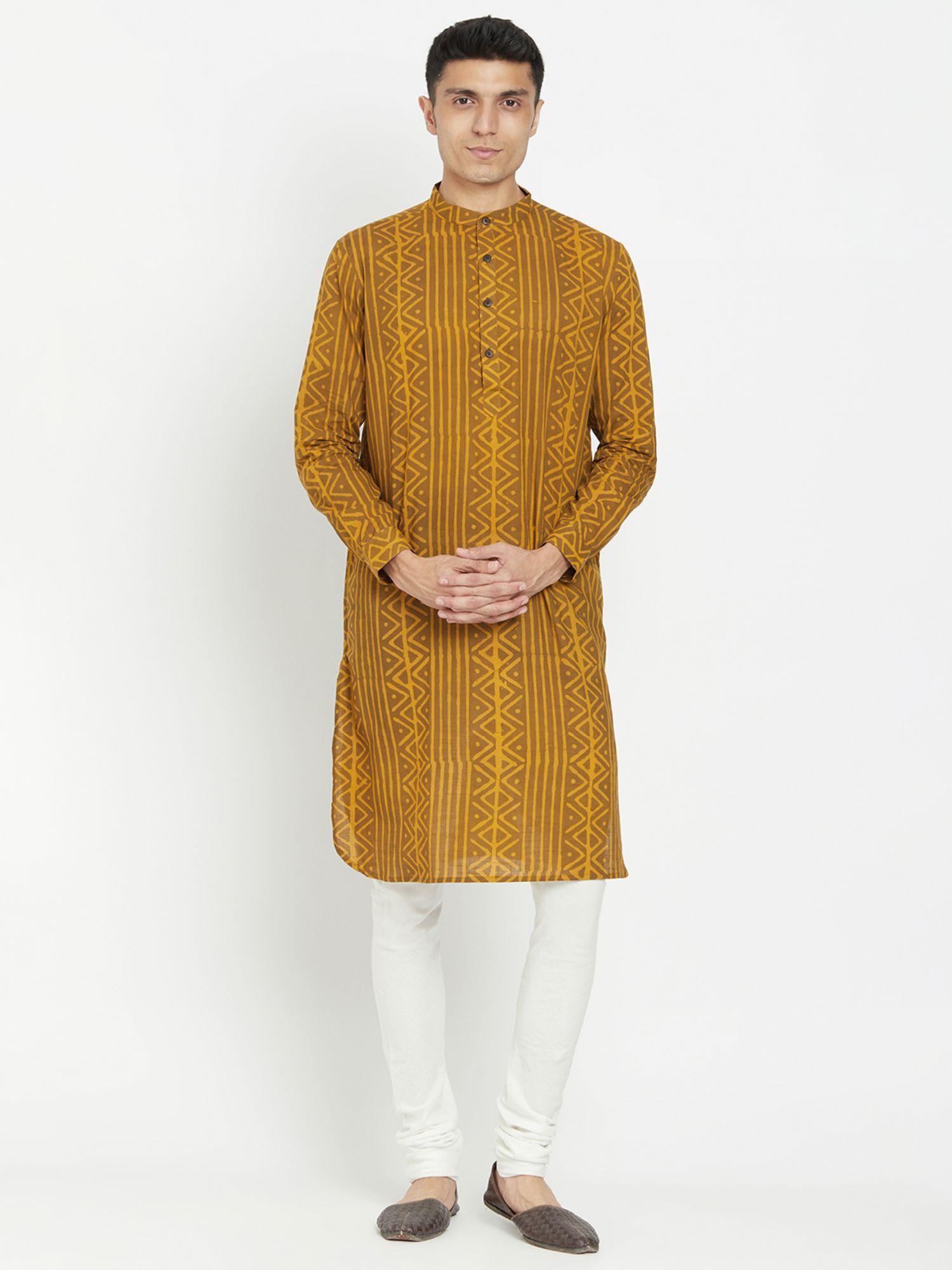 cotton yellow printed men kurta