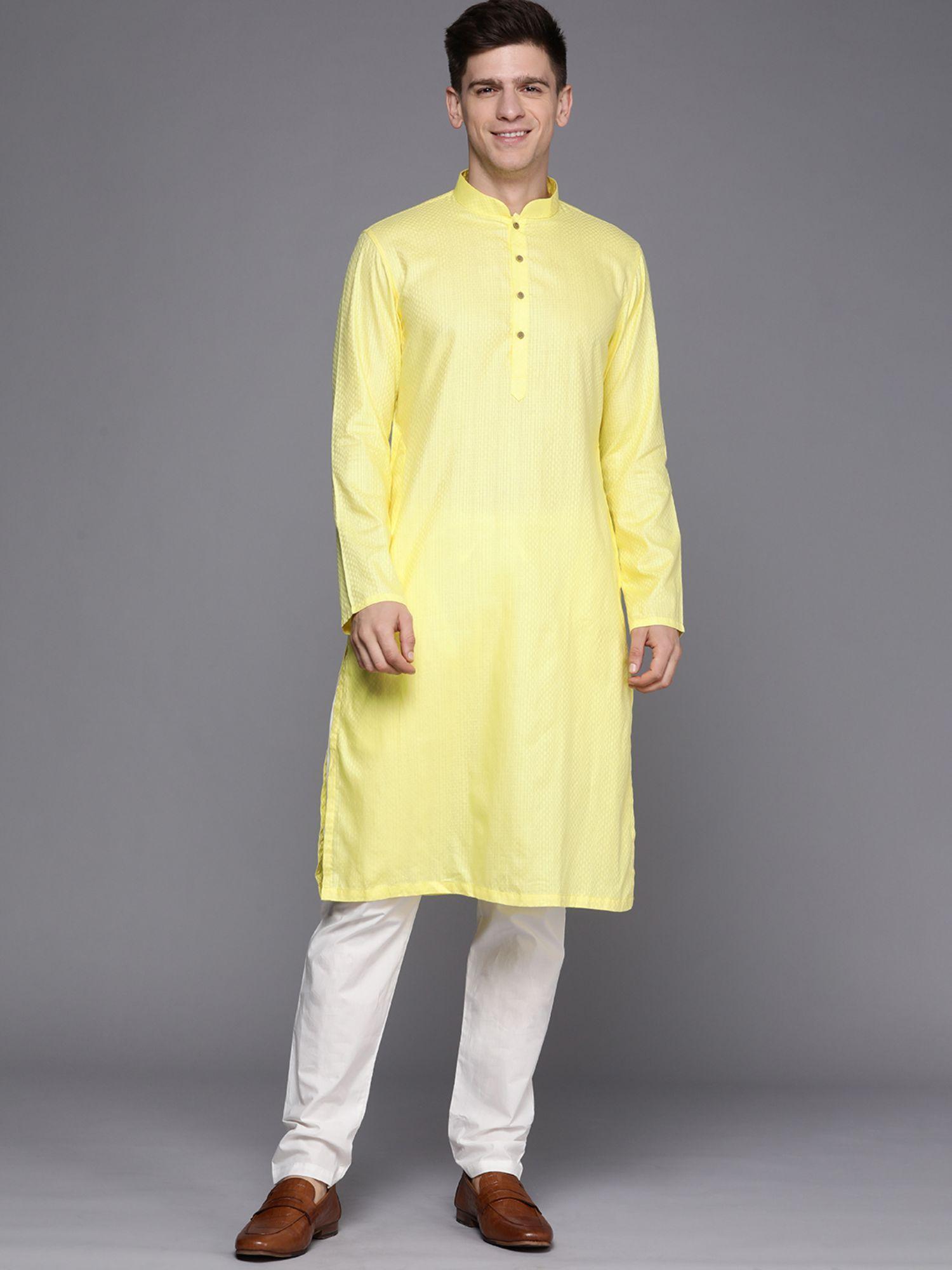 cotton yellow self design kurta with pencil pajama (set of 2)
