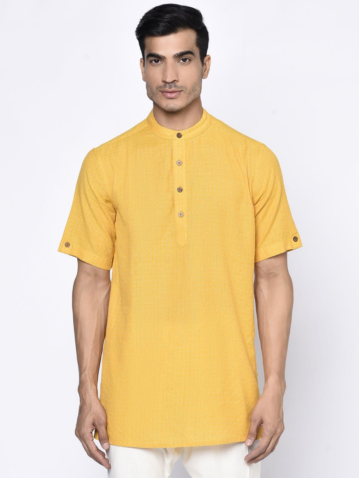 cotton yellow self design men short kurta