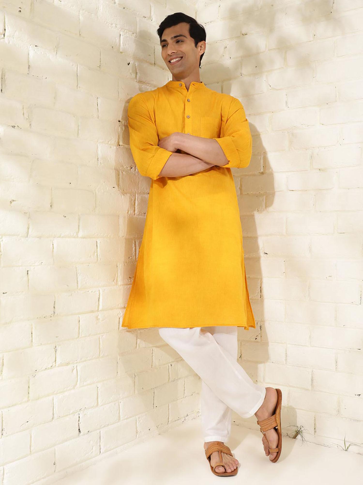 cotton yellow solid mandarin neck full sleeves comfort fit men kurta