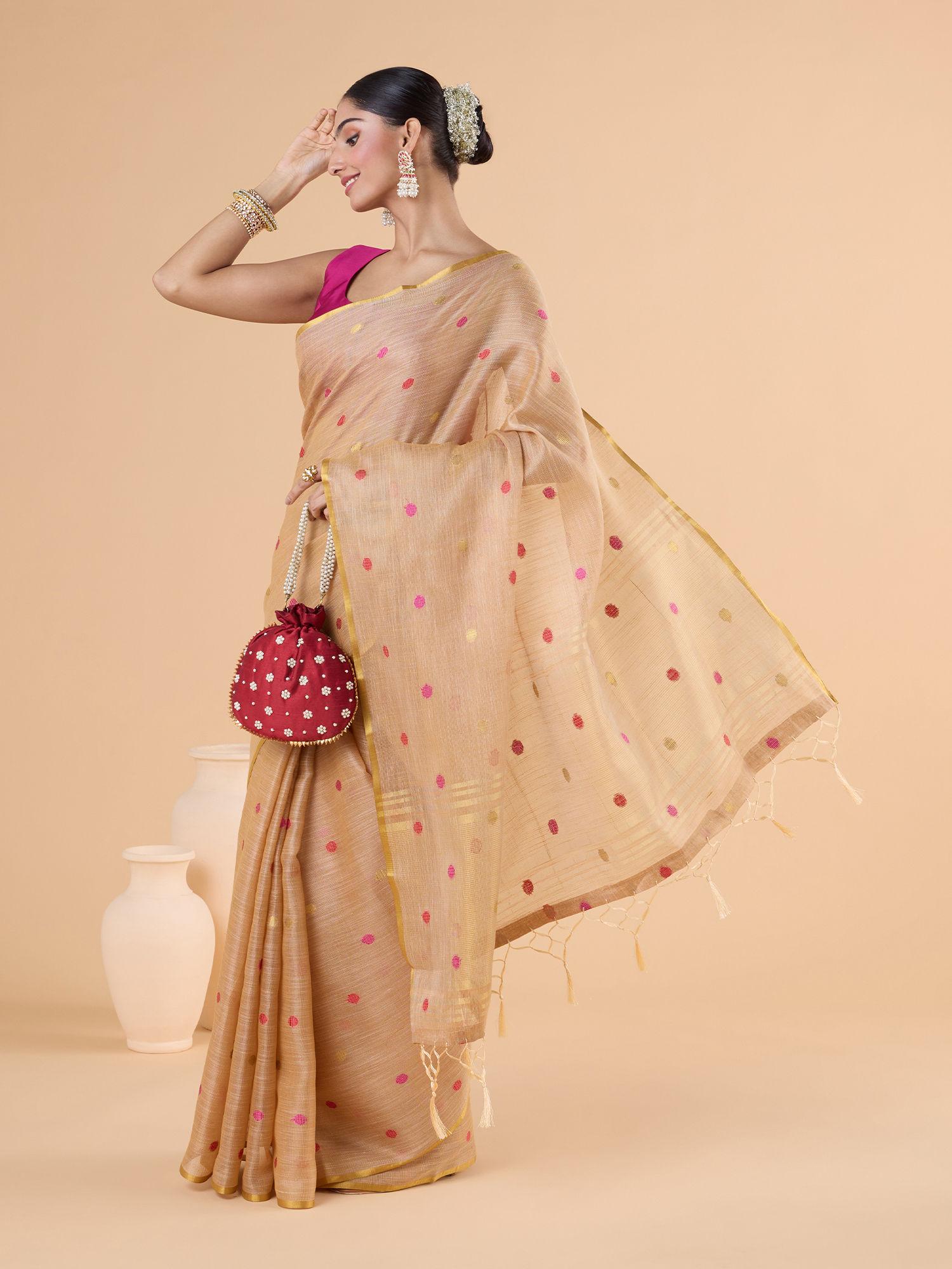 cotton zari gold edge border and all over polka dot cream saree with unstitched blouse