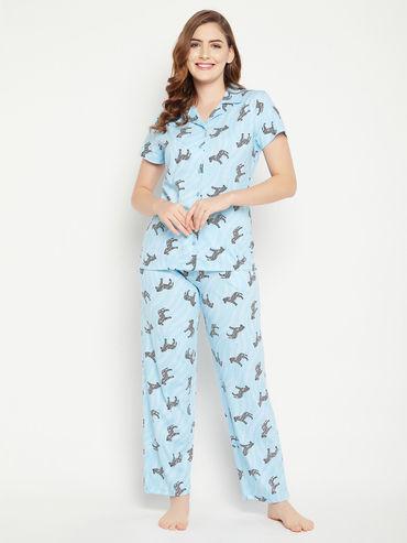 cotton zebra print button down shirt & pyjama set-blue