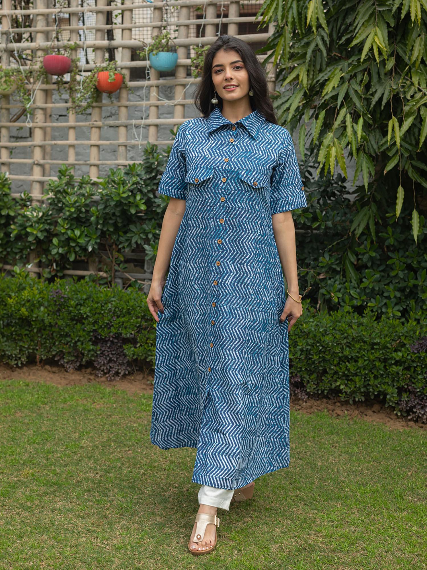 cotton zig zag printed a-line kurta-blue