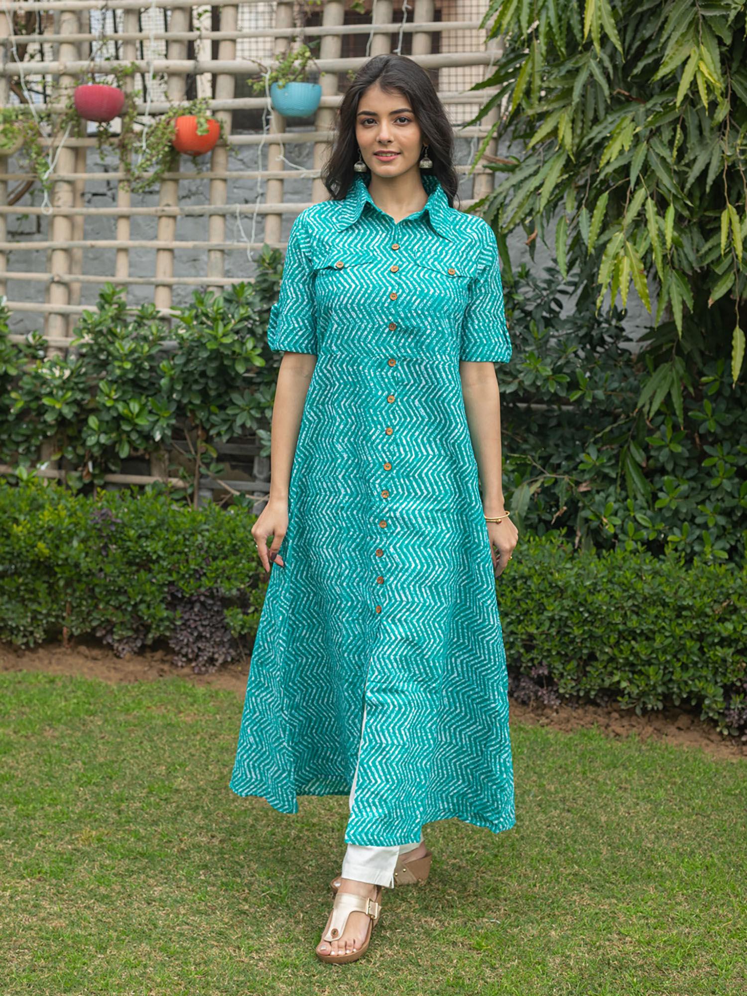 cotton zig zag printed a-line kurta-green