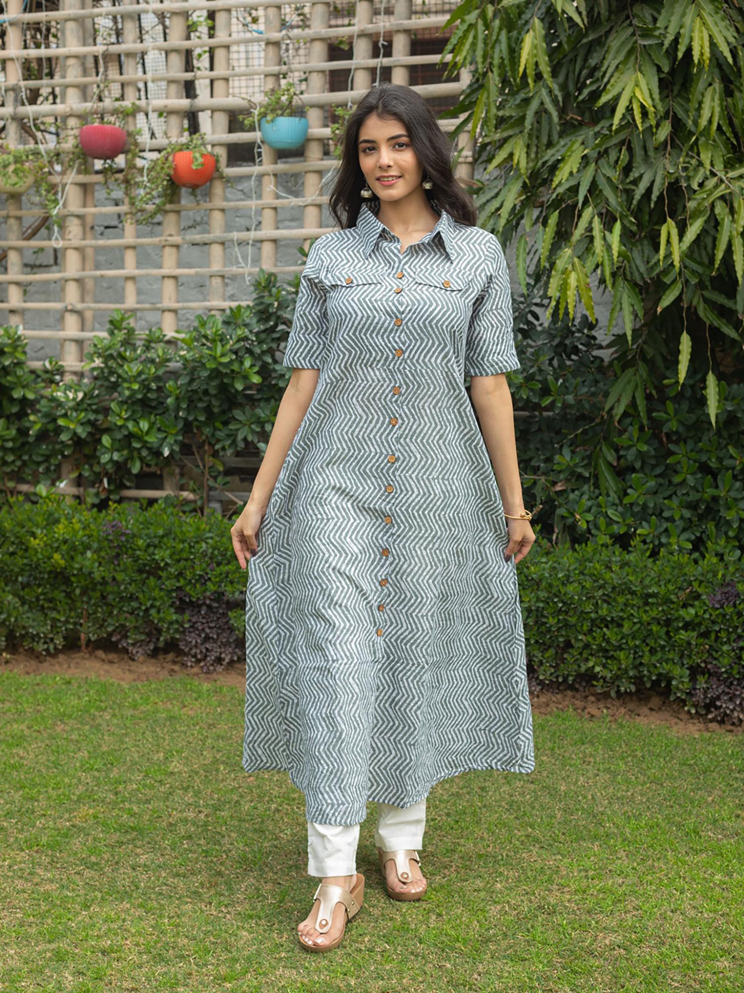 cotton zig zag printed a-line kurta-multi-color