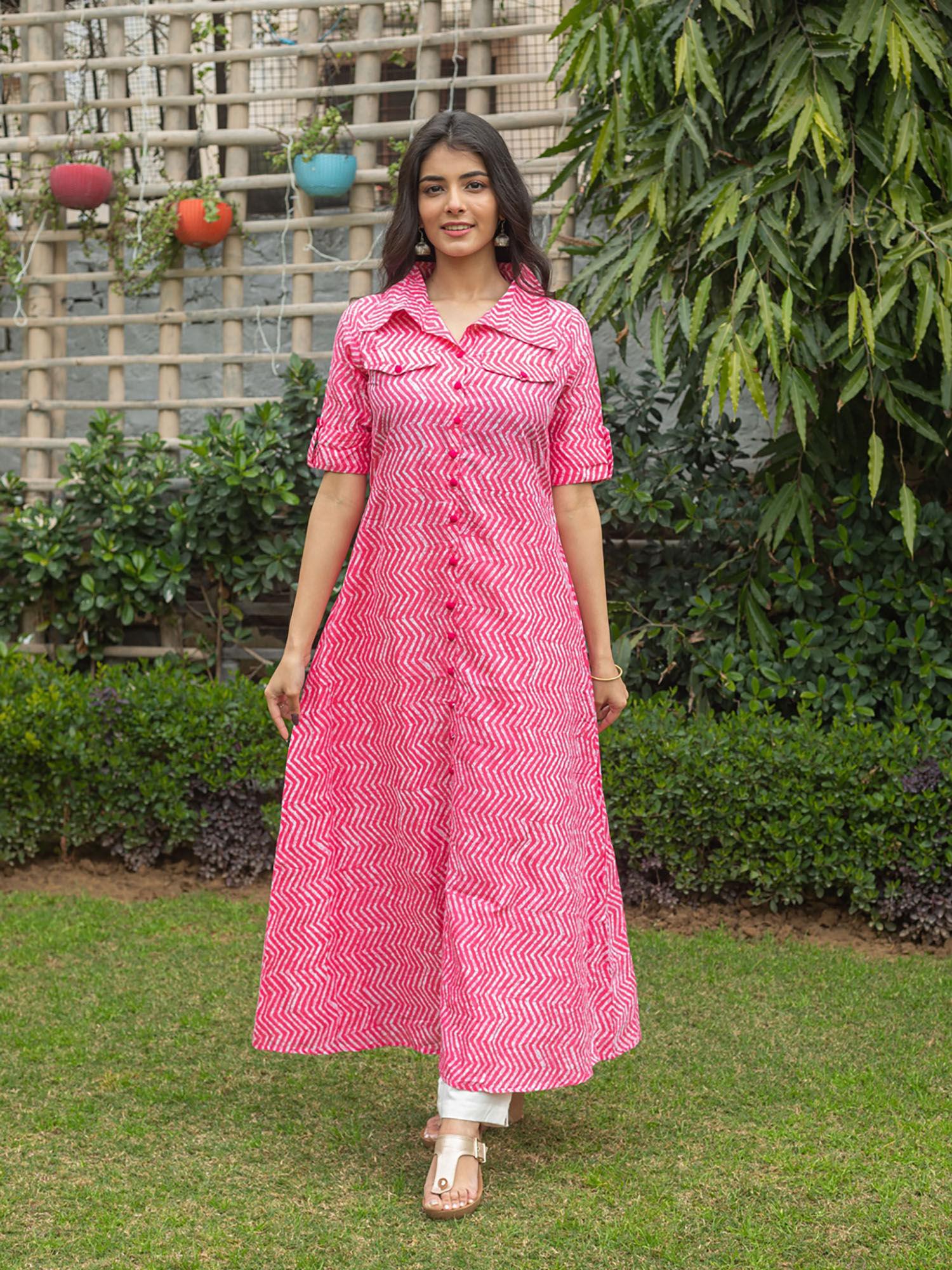 cotton zig zag printed a-line kurta-pink