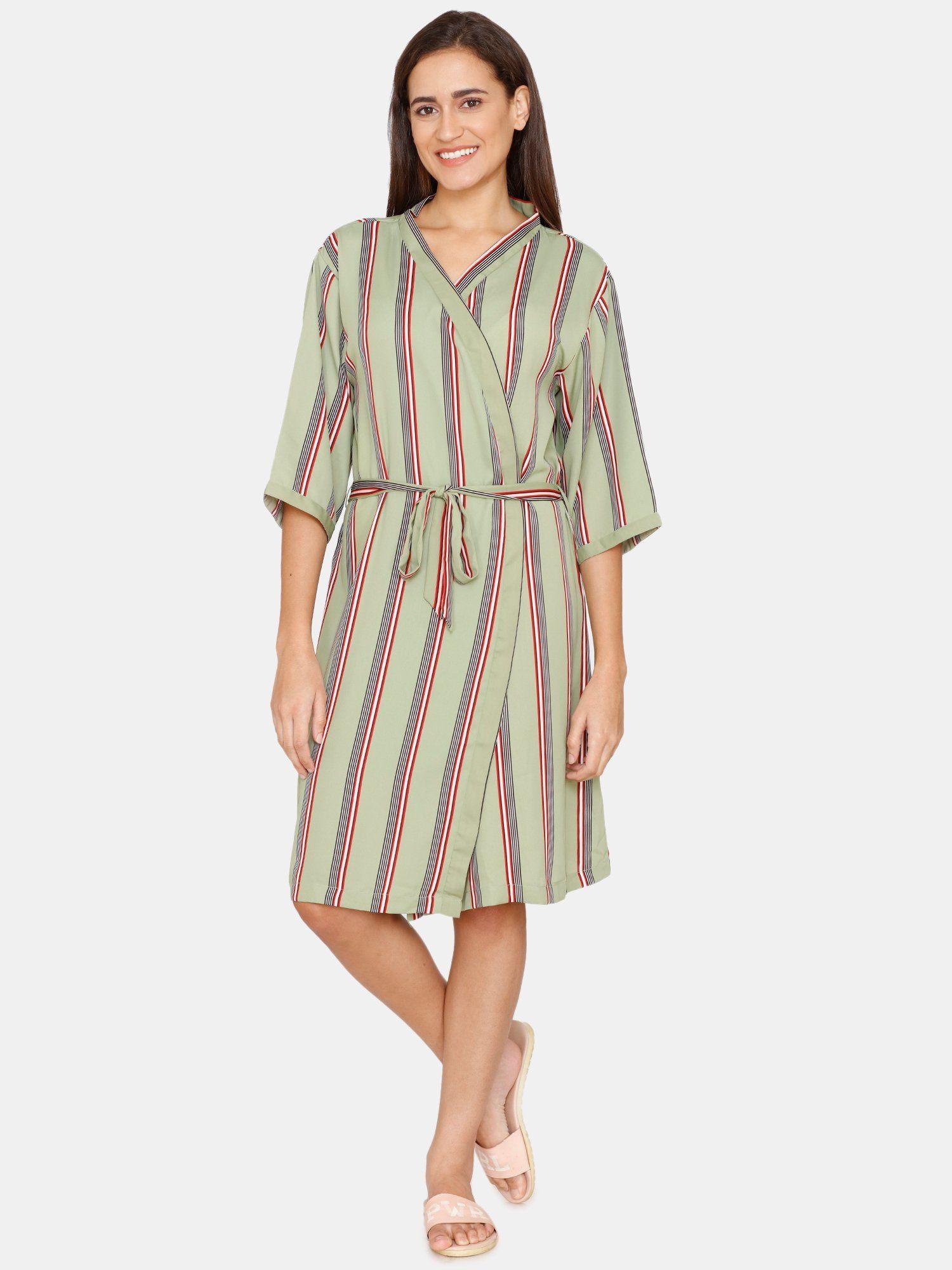 coucou above knee robe with tie on - herbal garden stripe - green