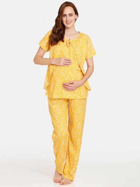 coucou by zivame mustard printed maternity top with pyjamas