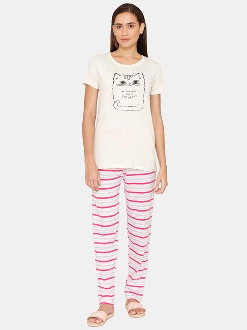 coucou by zivame pink & white striped top with pyjamas