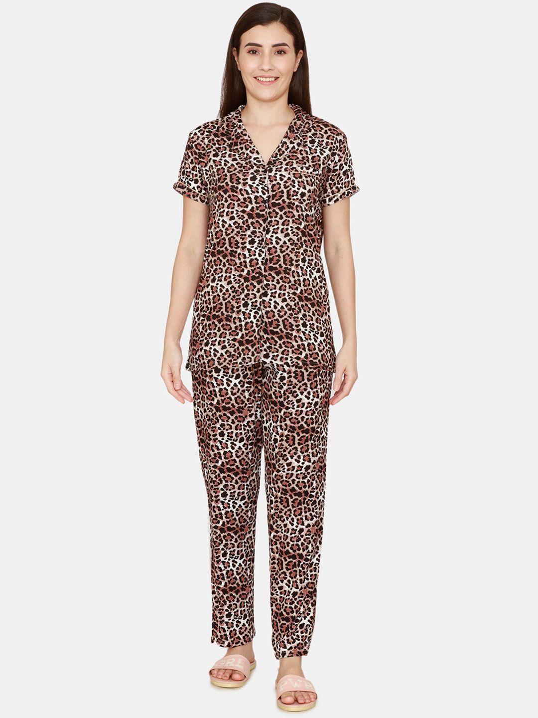 coucou by zivame women beige & black printed night suit