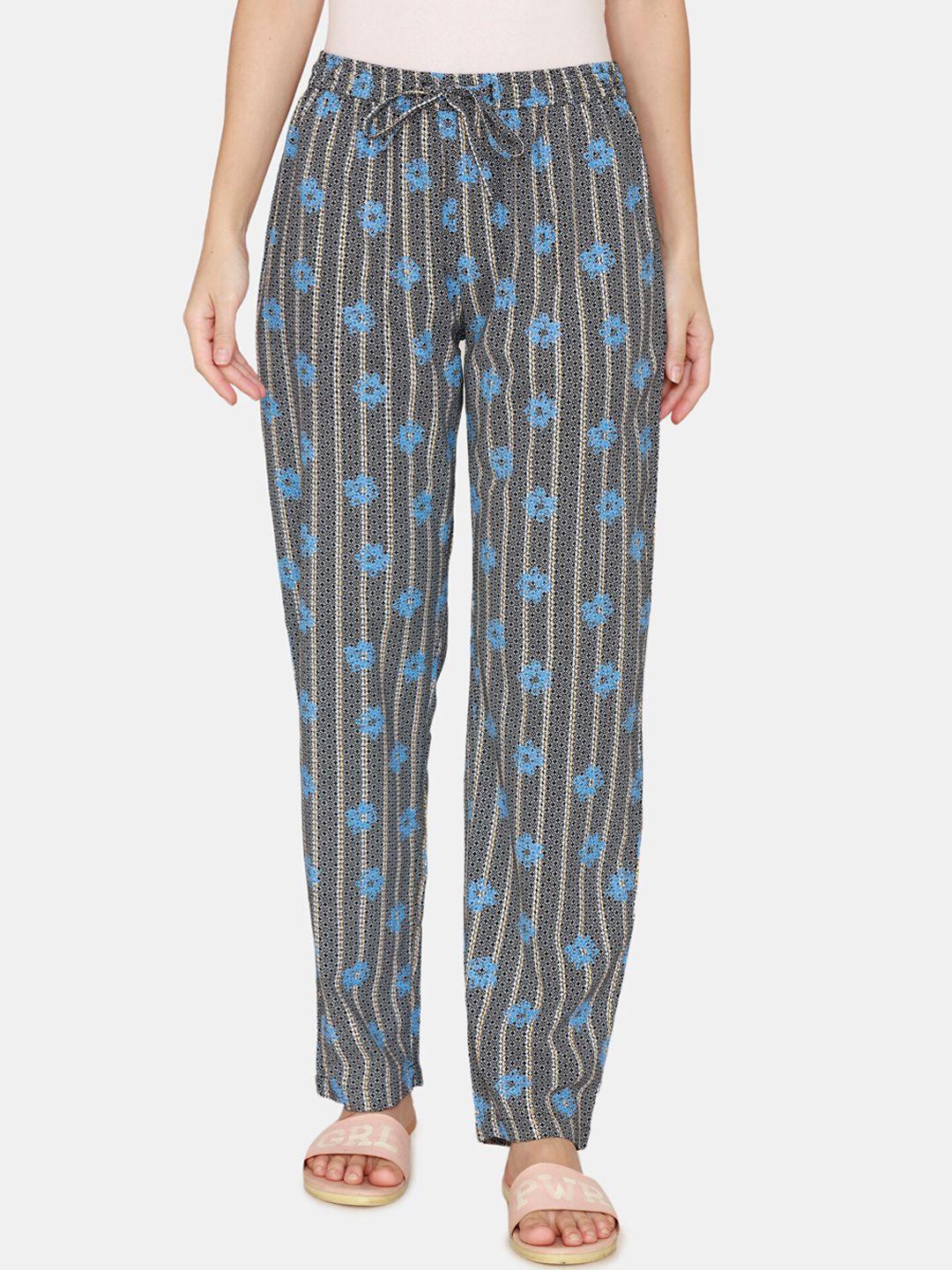 coucou by zivame women blue & grey printed pure cotton lounge pants