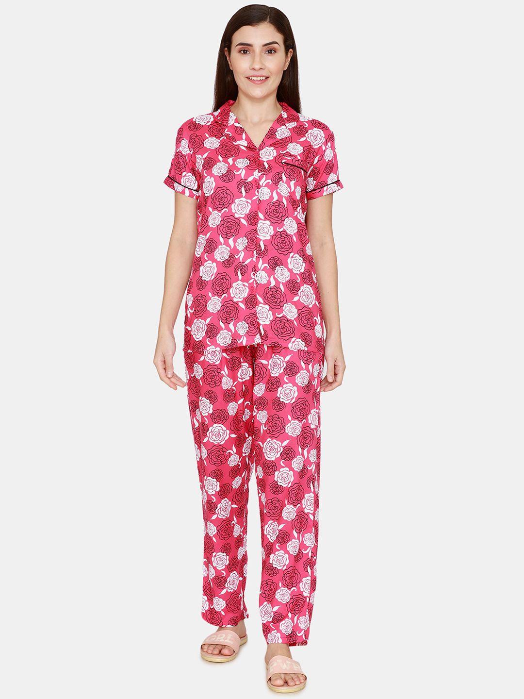 coucou by zivame women fuchsia & white floral printed night suit