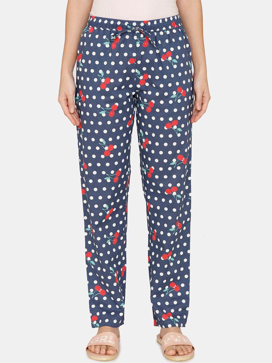 coucou by zivame women navy blue & white printed mid-rise cotton lounge pants