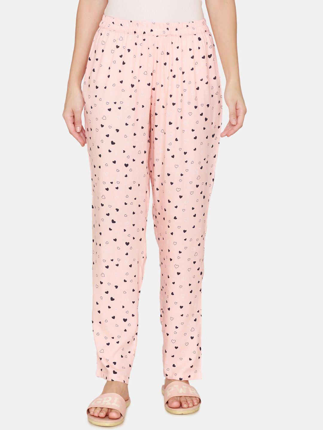 coucou by zivame women peach-coloured printed cotton lounge pants