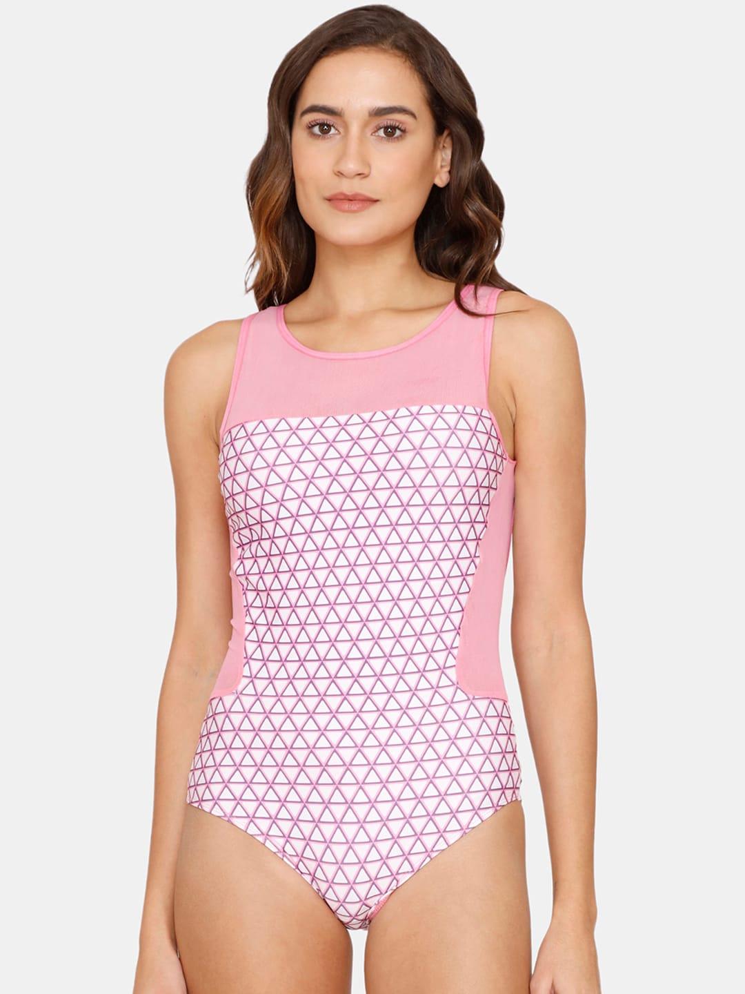 coucou by zivame women pink & white printed swim bodysuit