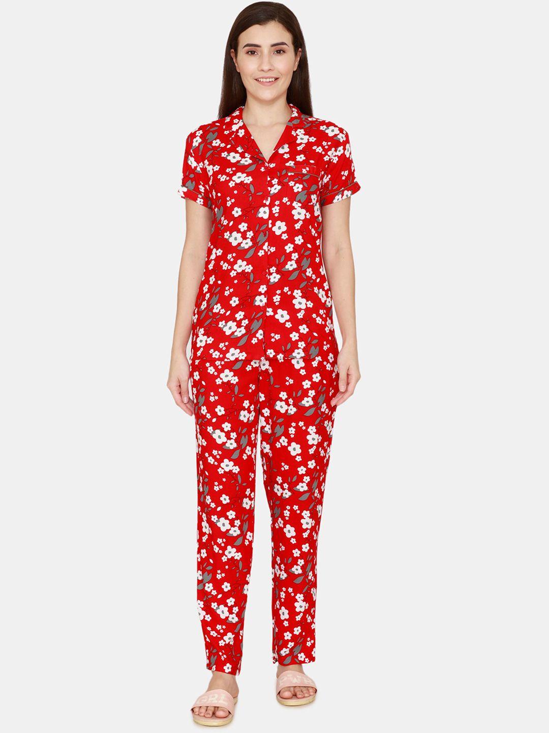 coucou by zivame women red & white floral printed pure cotton night suits