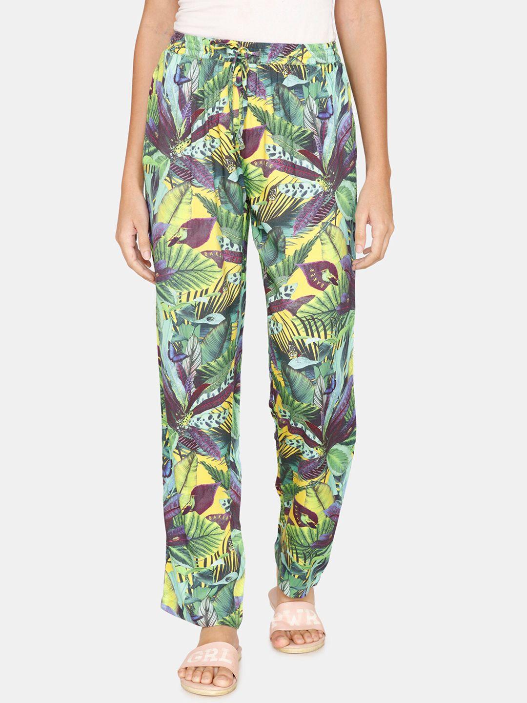 coucou by zivame women yellow & green printed cotton lounge pants