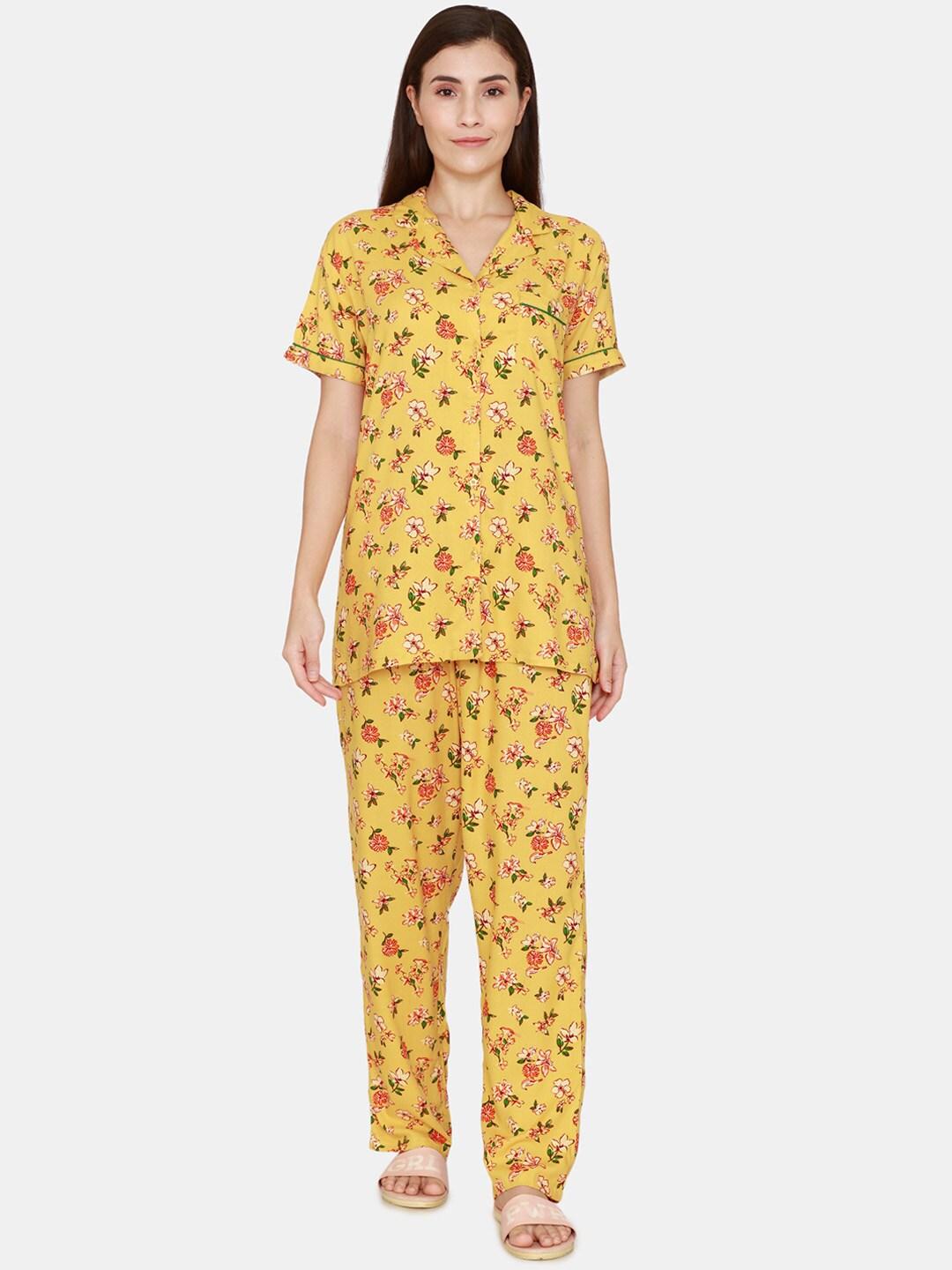 coucou by zivame women yellow & red printed night suit