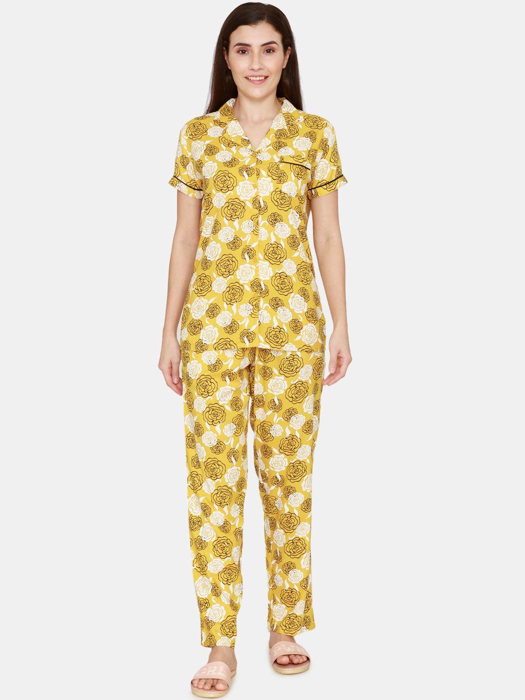 coucou by zivame women yellow & white printed night suit