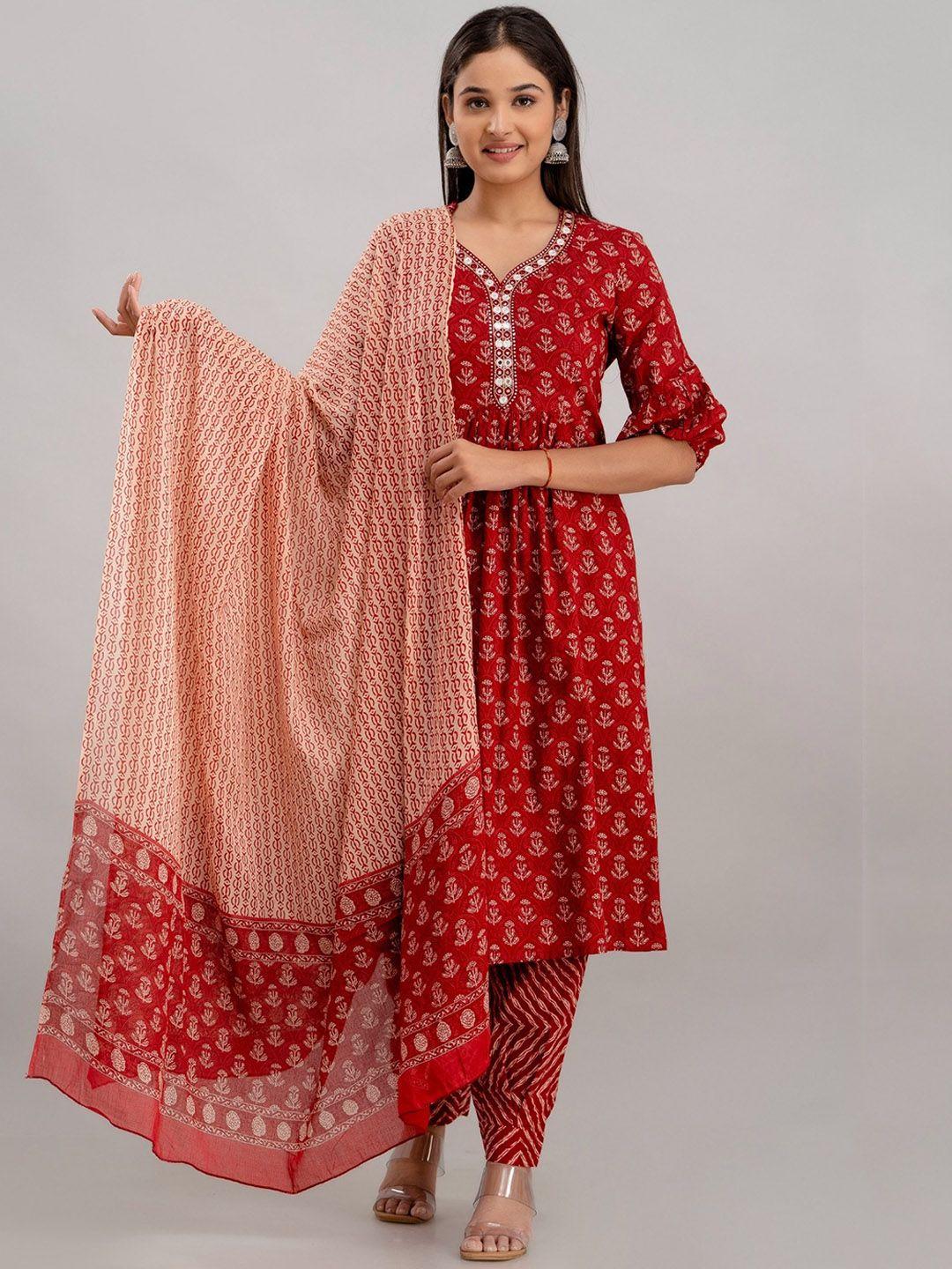 country style ethnic motifs printed pure cotton a line kurta with pyjamas & dupatta