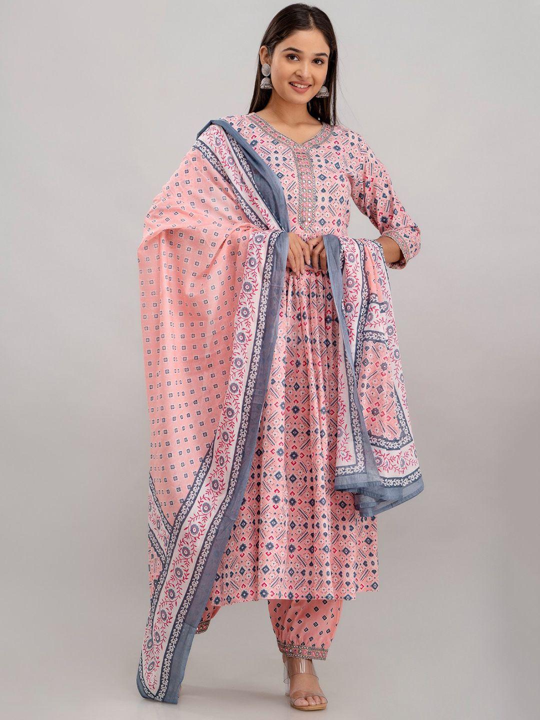 country style ethnic motifs printed pure cotton a line kurta with trousers & dupatta