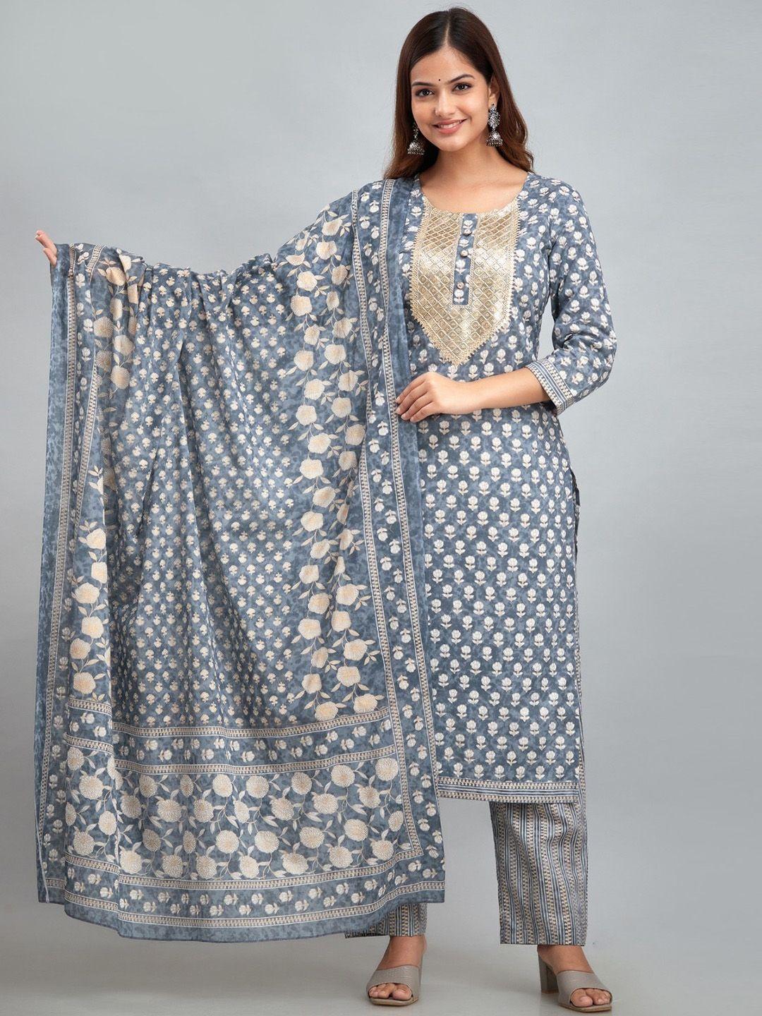 country style ethnic motifs printed pure cotton straight kurta with trousers & dupatta