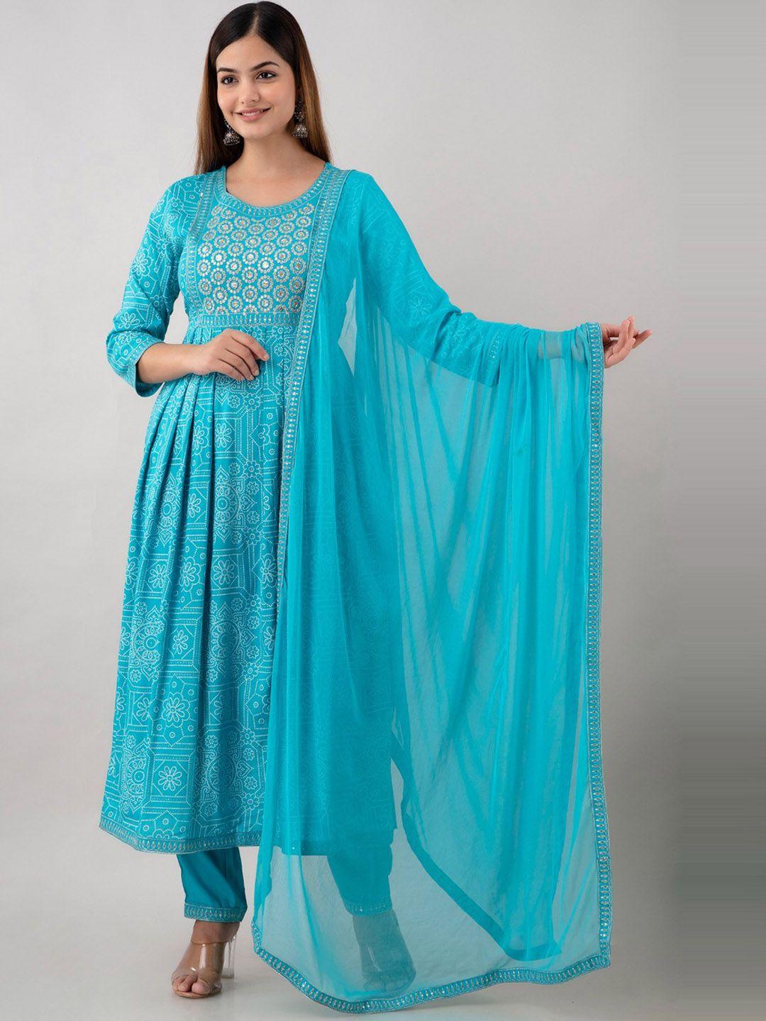 country style ethnic motifs printed sequined anarkali kurta with trousers & dupatta