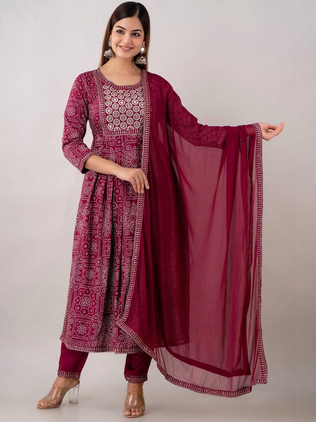 country style ethnic motifs printed sequinned a line kurta with trousers & dupatta
