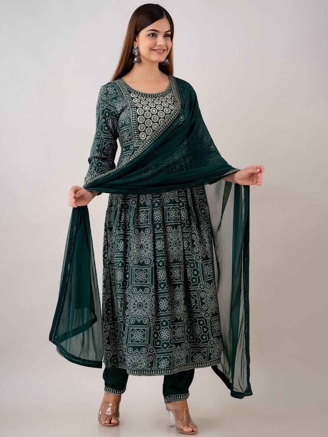 country style ethnic motifs printed sequinned a line kurta with trousers & dupatta