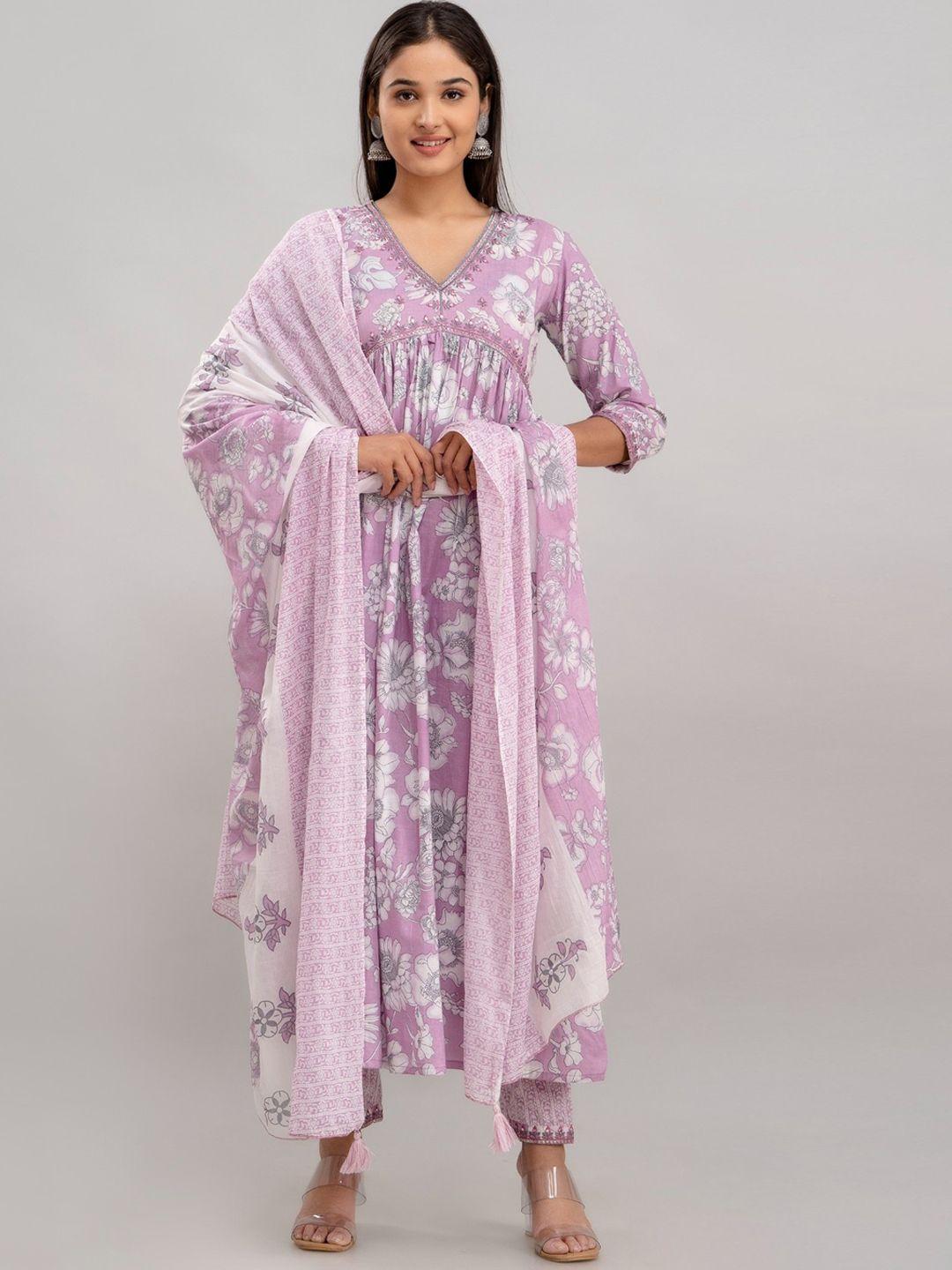 country style floral printed pure cotton a line kurta with trousers & dupatta