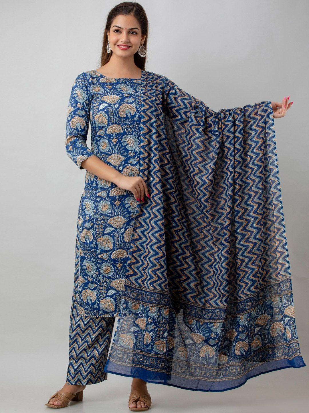 country style floral printed pure cotton straight kurta with trousers & dupatta