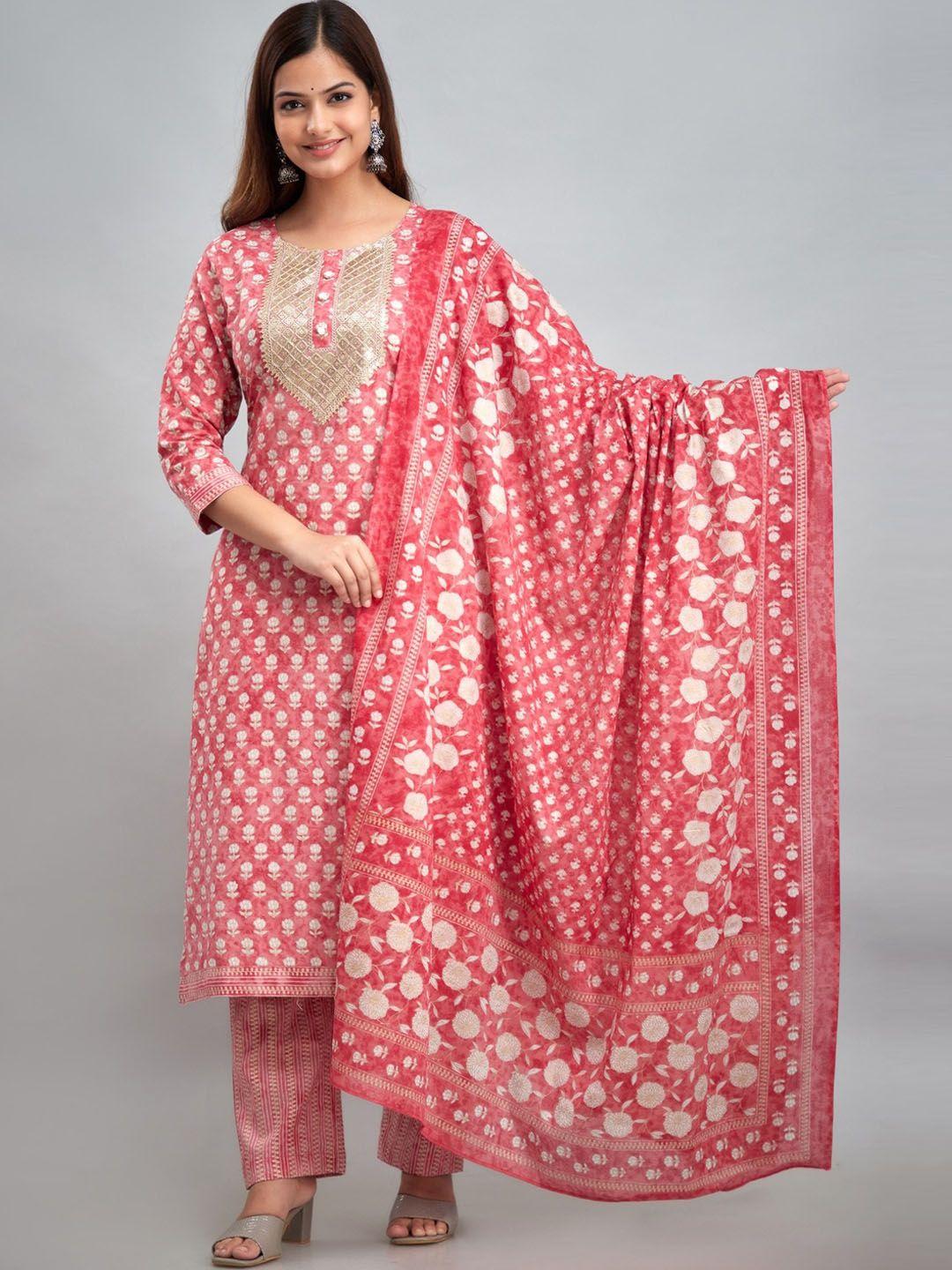 country style floral printed sequined pure cotton kurta with trousers & dupatta
