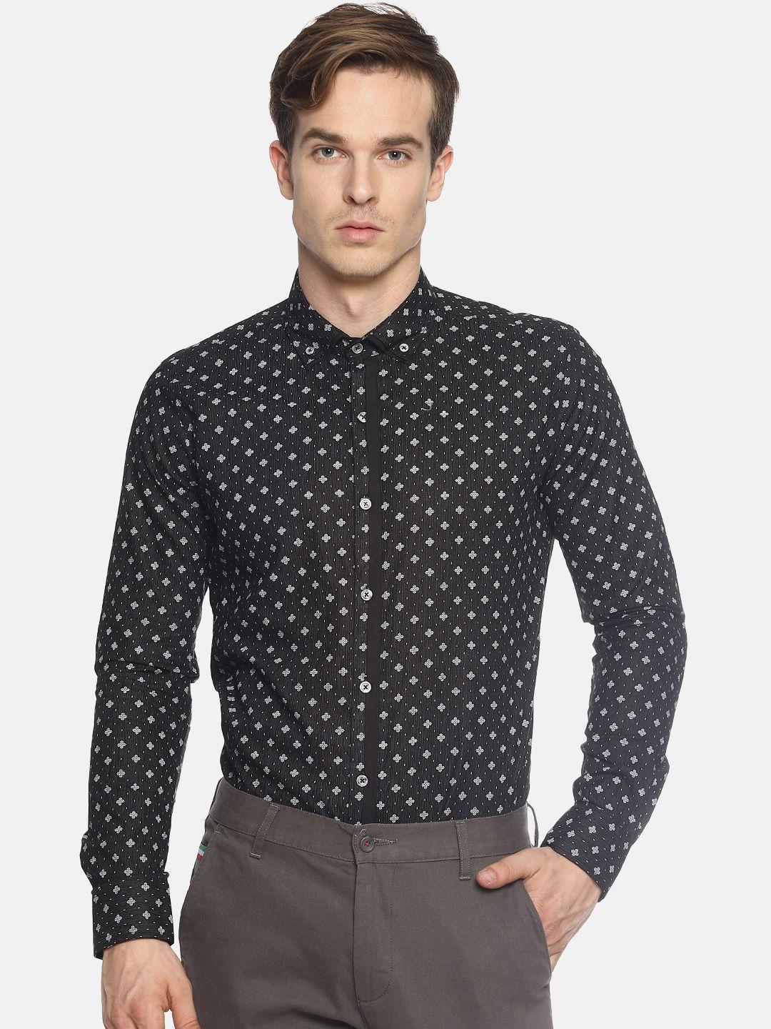 couper & coll men black premium slim fit floral printed casual shirt