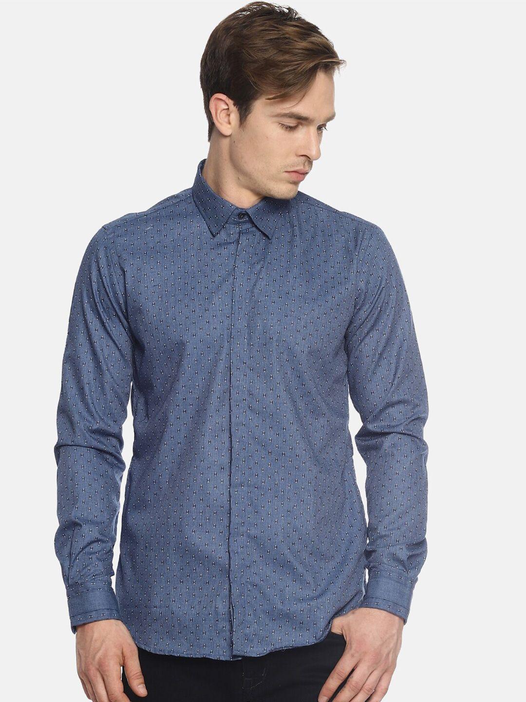 couper & coll men blue premium slim fit printed casual shirt