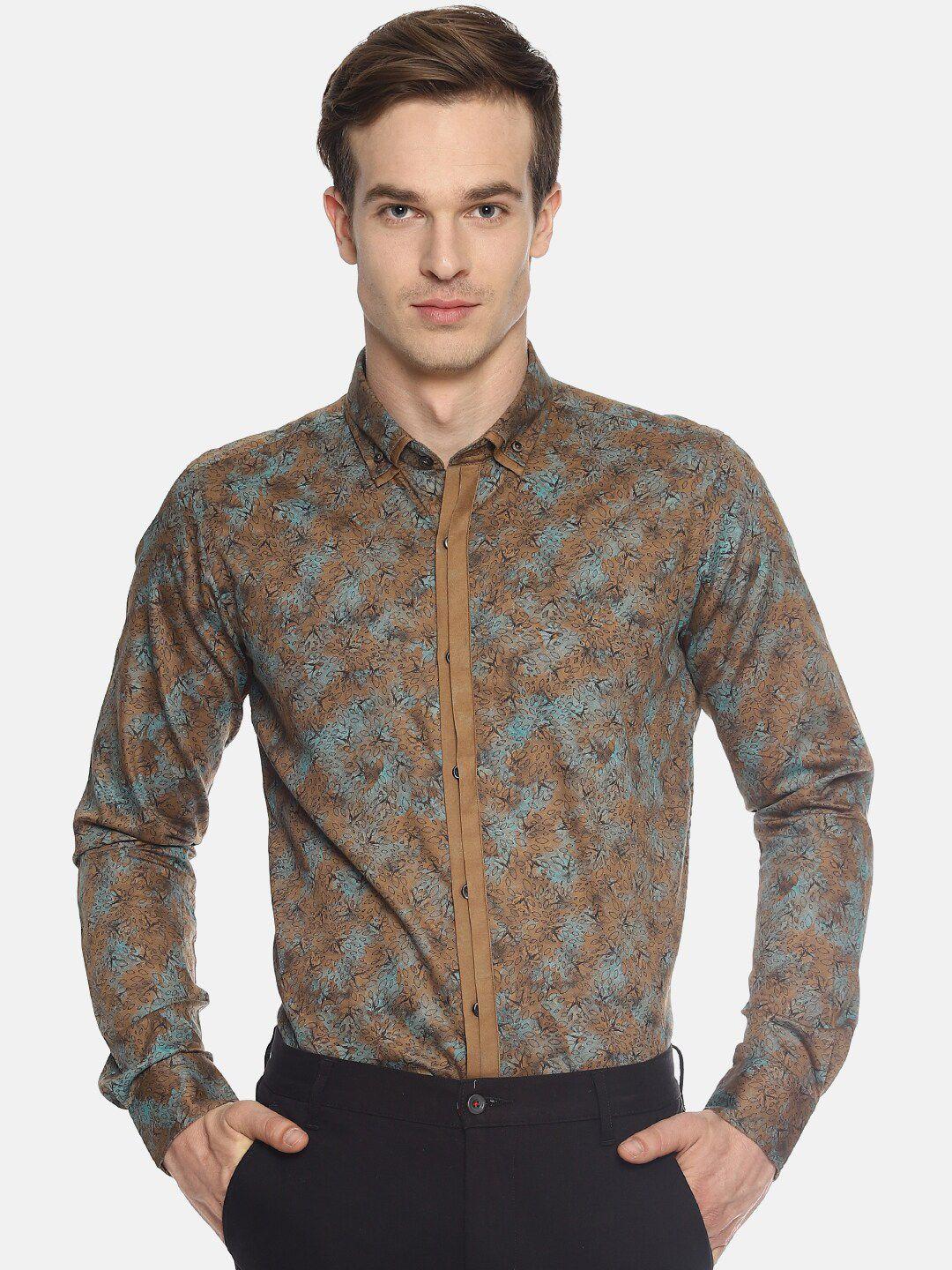 couper & coll men brown premium slim fit floral printed casual shirt