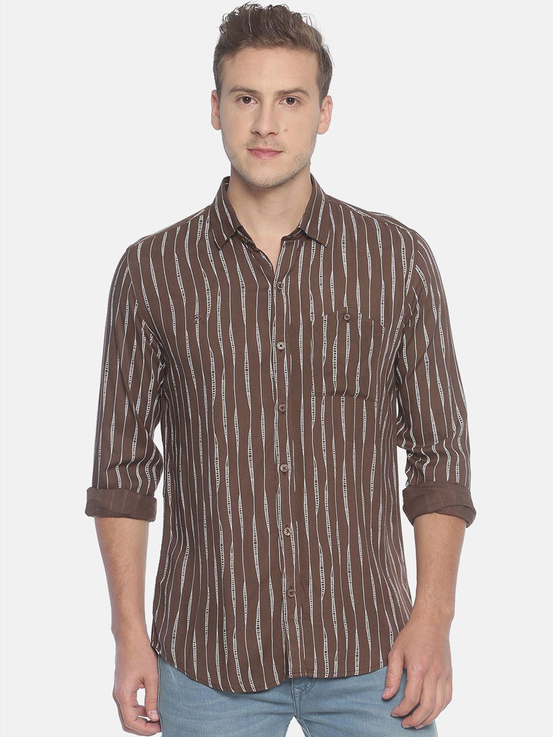 couper & coll men brown premium slim fit striped cotton casual shirt