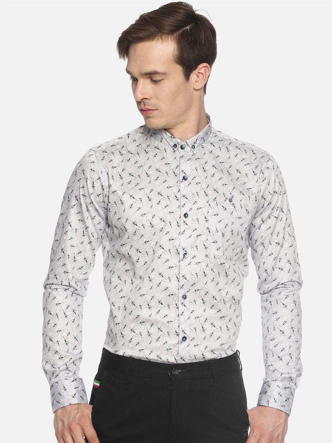 couper & coll men grey premium slim fit printed pure cotton casual shirt