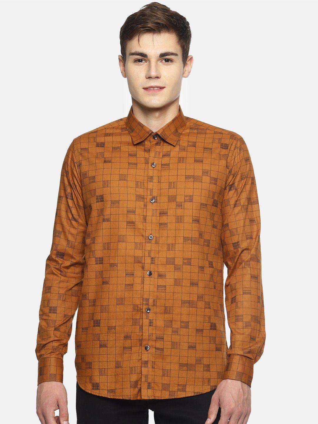 couper & coll men orange premium slim fit printed cotton casual shirt