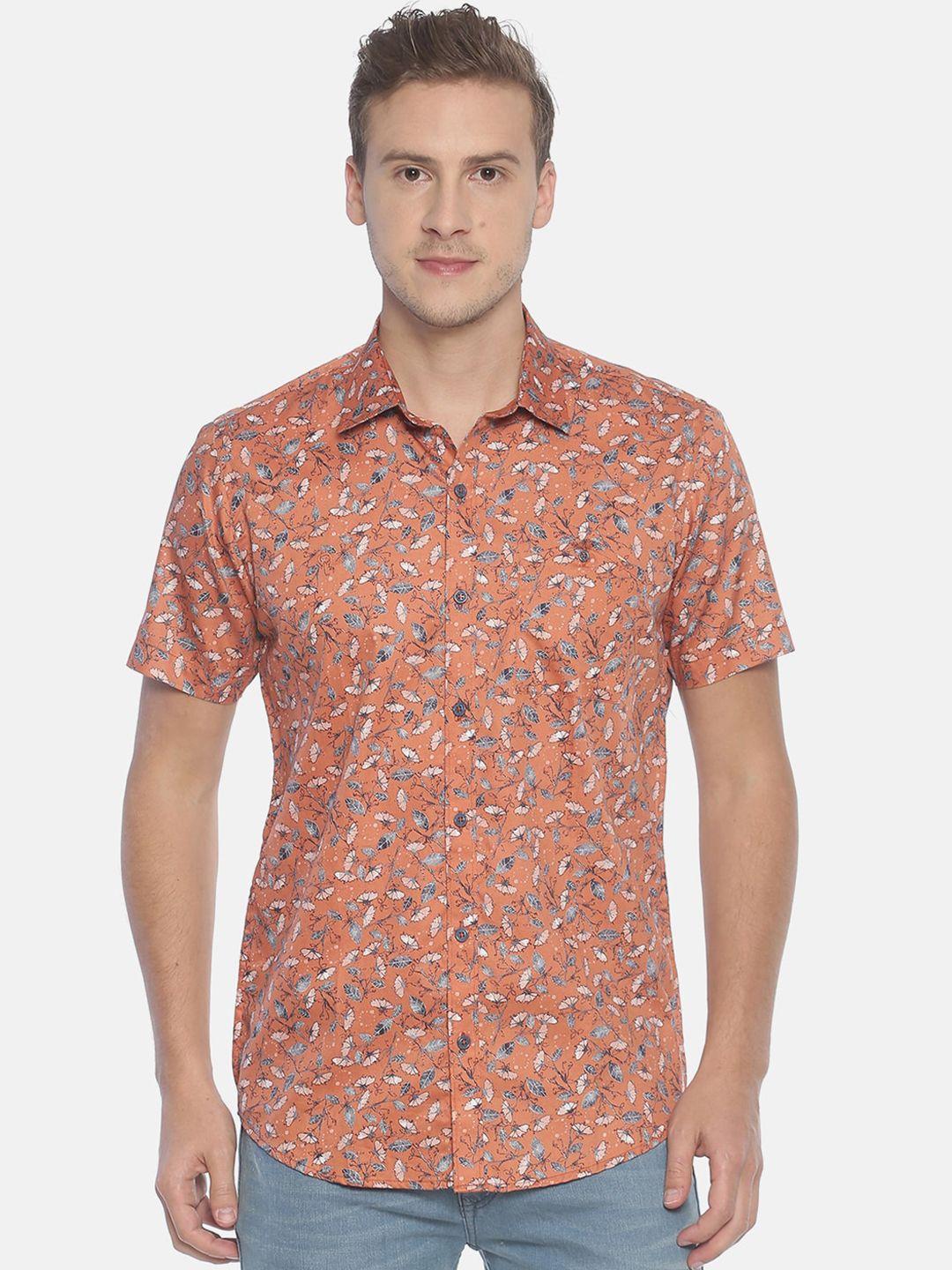 couper & coll men orange slim fit printed casual shirt