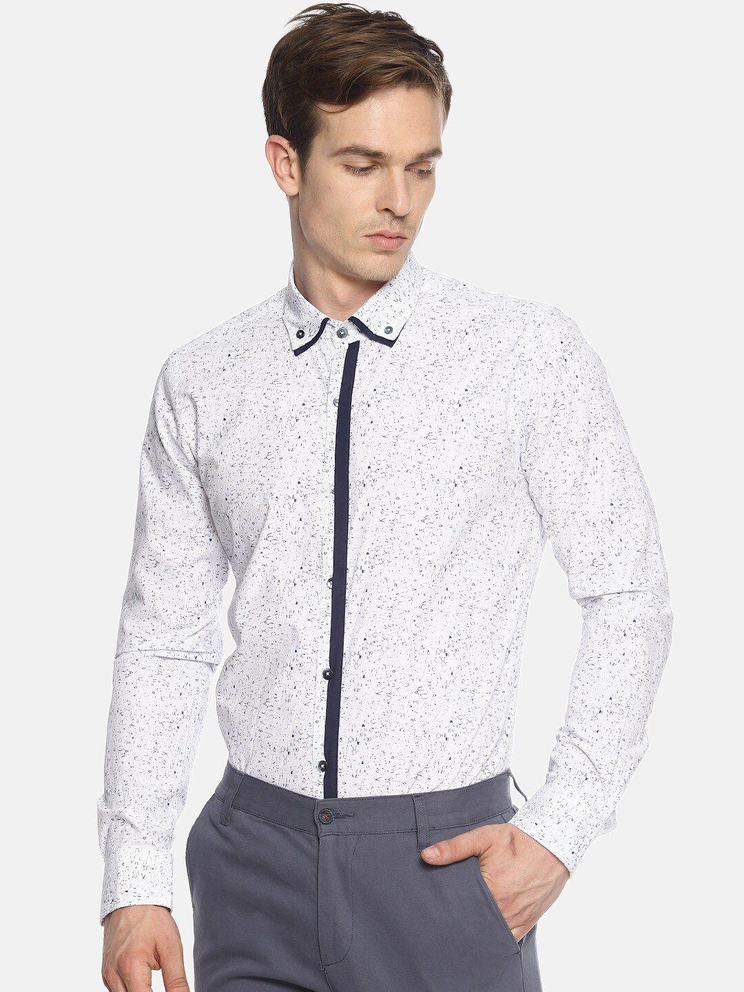 couper & coll men white premium slim fit printed casual shirt