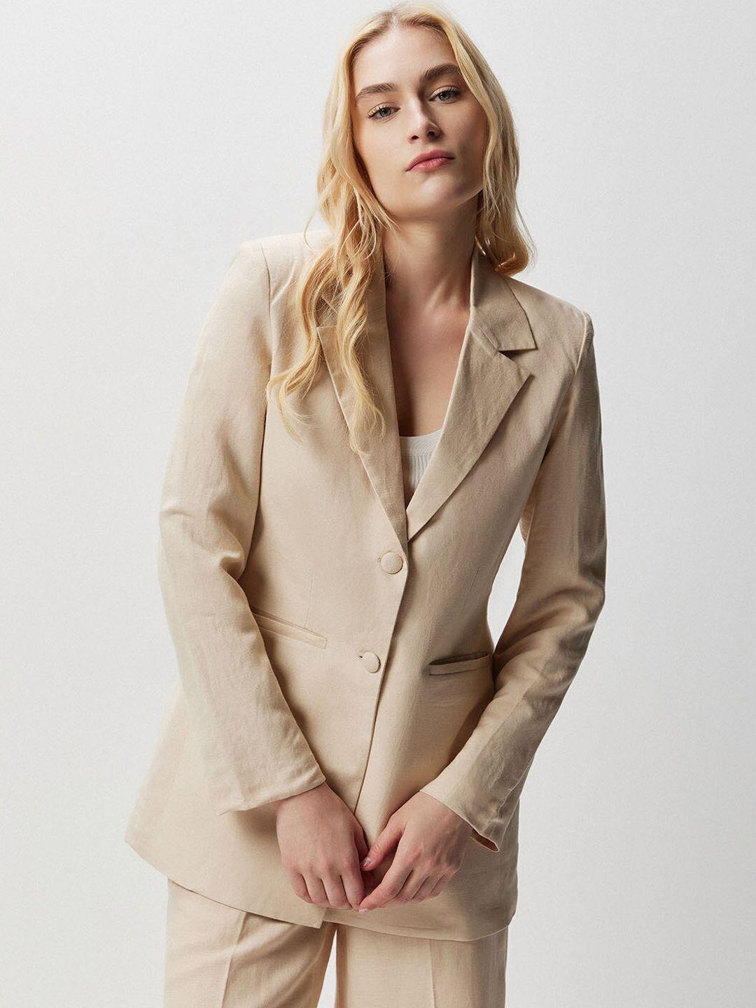 cover story beige slim-fit single breasted blazers