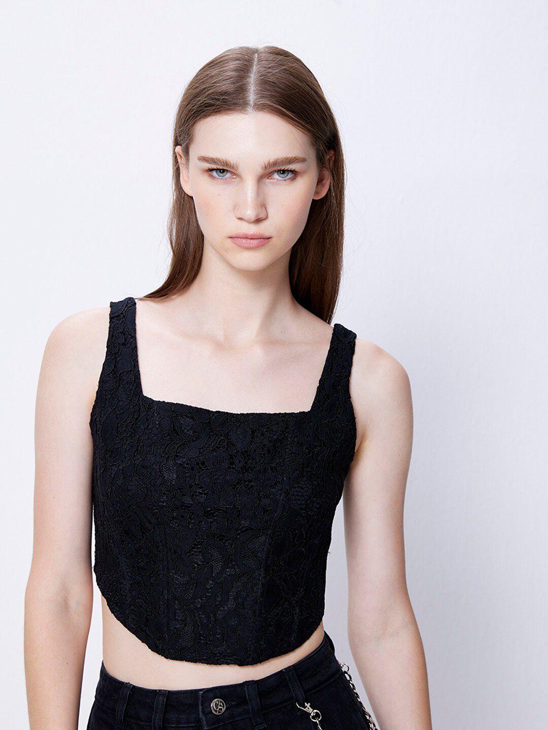 cover story black self design square neck sleeveless fitted crop top
