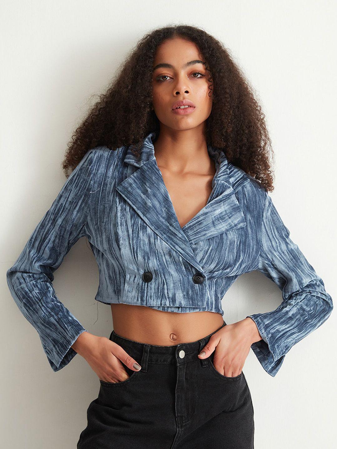 cover story blue abstract printed double breasted crop blazer