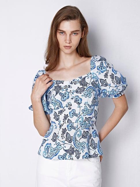cover story blue linen floral print top
