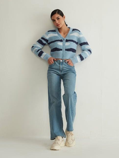 cover story blue striped cardigan