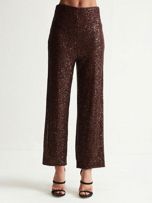 cover story brown regular fit high rise embellished trousers