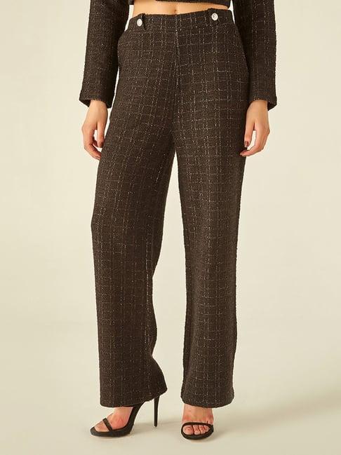 cover story dark brown check high rise regular fit trousers