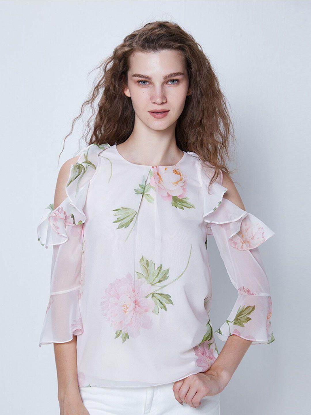 cover story floral printed cold-shoulder ruffled top